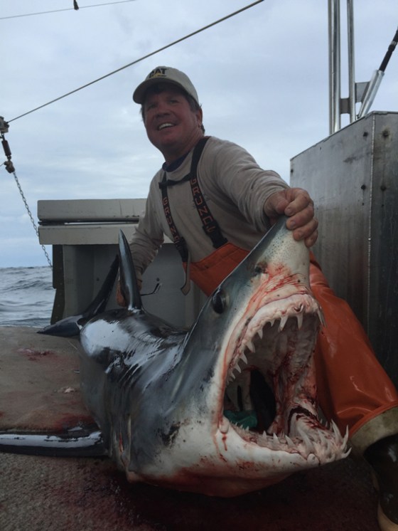 a man holding a caught shark